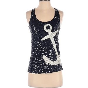 J Crew Women's Scoop Neck Navy and White Sequin Anchor Tank Top - Size Small